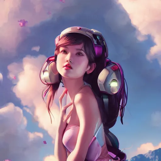 Prompt: a beautiful scenic painting of a beautiful young woman that looks like dva by artgerm and wlop and wes anderson and spike jonze