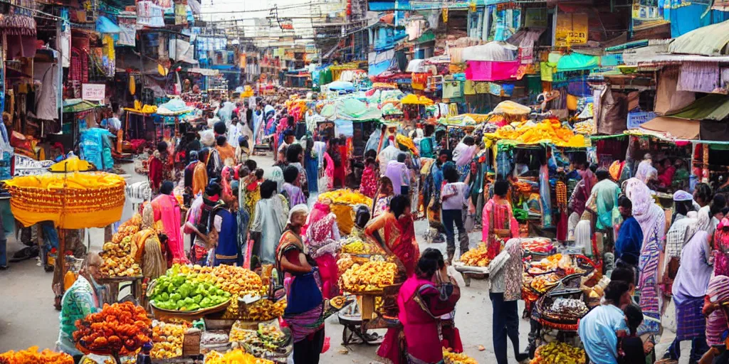 Prompt: indian street market filled with people, food stalls, rickshaws photography