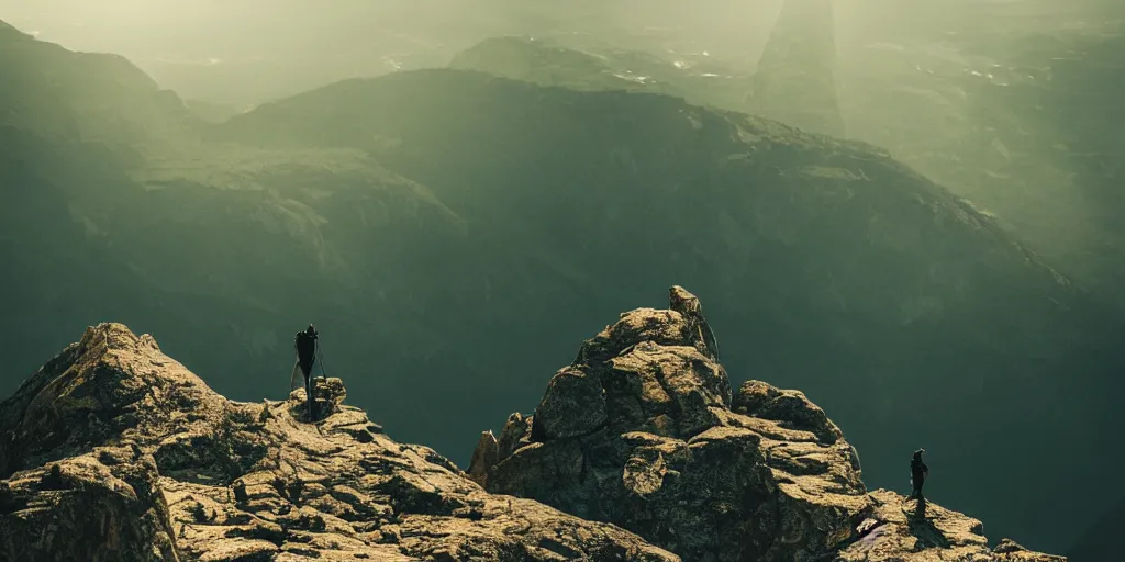 Image similar to the top of a mountain, a man standing in the background and preparing to climb, epic composition, epic lighting, detailed and intricate image, cinematic, 4K