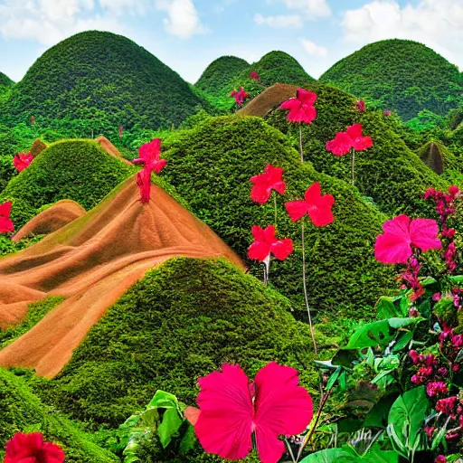 Image similar to an elaborate hibiscus garden in the middle of the Chocolate Hills, Bohol, detailed photograph, 4k