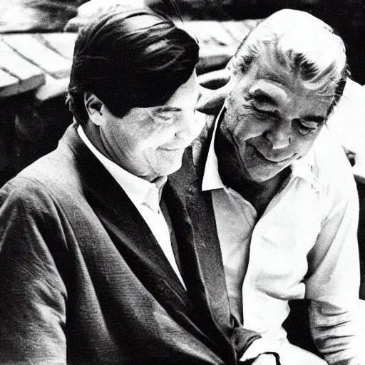 Prompt: black and white photo tom jobim in a pool with vinicius de moraes