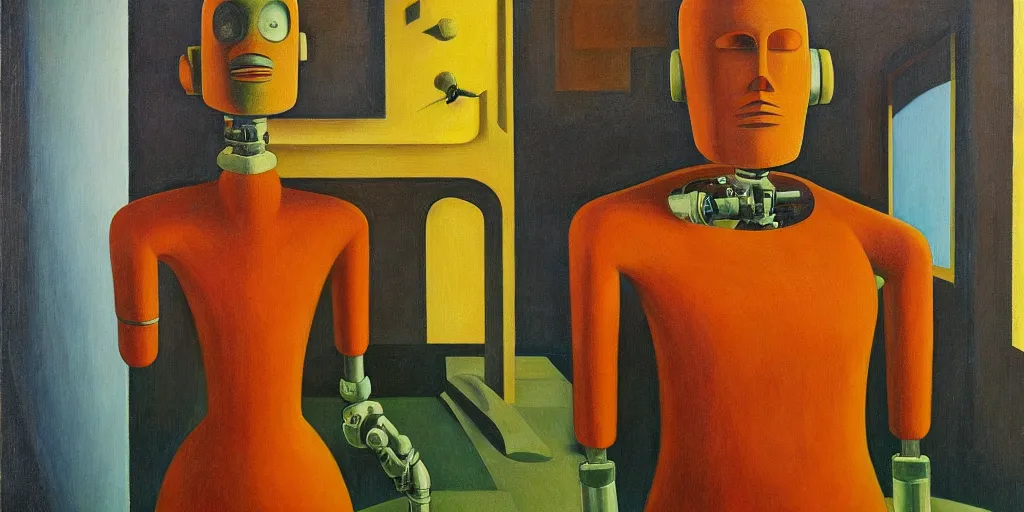 Image similar to sentient robot with soulful eyes portrait, lowbrow, pj crook, grant wood, edward hopper, oil on canvas