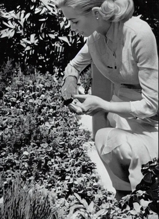 Prompt: a grainy film photo of Grace Kelly gardening, take with a Kodak Brownie Camera