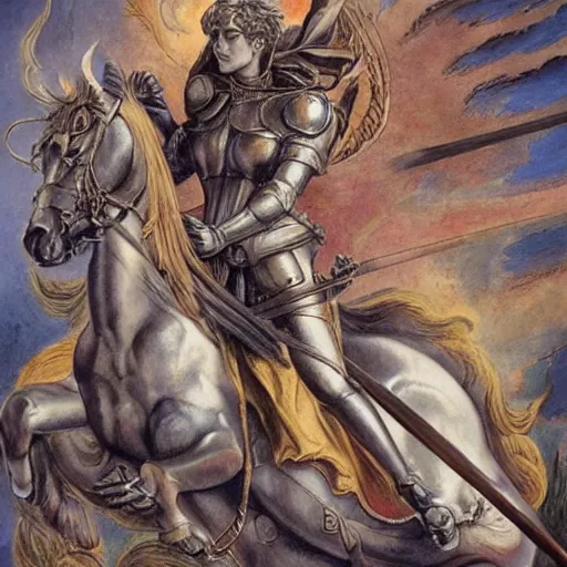 Prompt: jeanne d'arc in the style of william blake, terese nielsen, detailed, intricate, beautiful faces, steve argyle, triumphant fate, pastoral fantastic reality, photorealistic