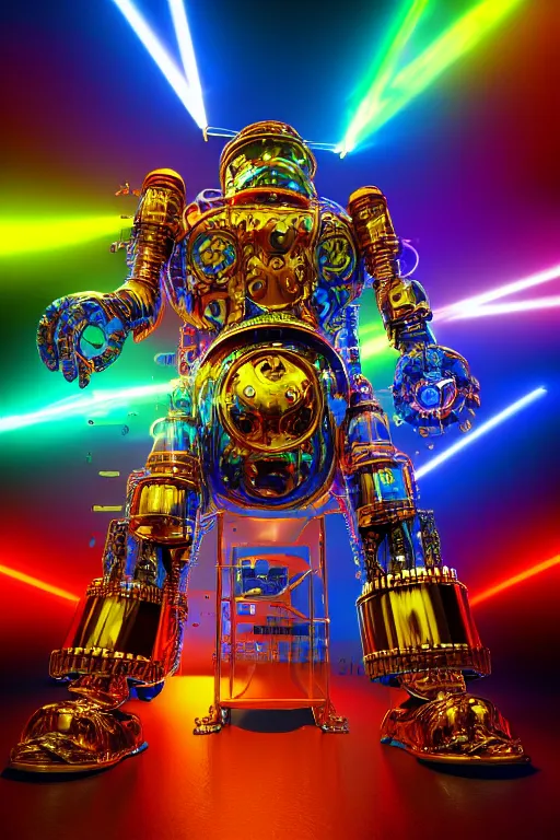 Image similar to portrait photo of a giant huge golden and blue metal futuristic steampunk robot covered with multicolored big gears and tubes, robot holds a red fender stratocaster, eyes are glowing red lightbulbs, shiny crisp finish, 3 d render, 8 k, insaneley detailed, fluorescent colors, background is multicolored lasershow