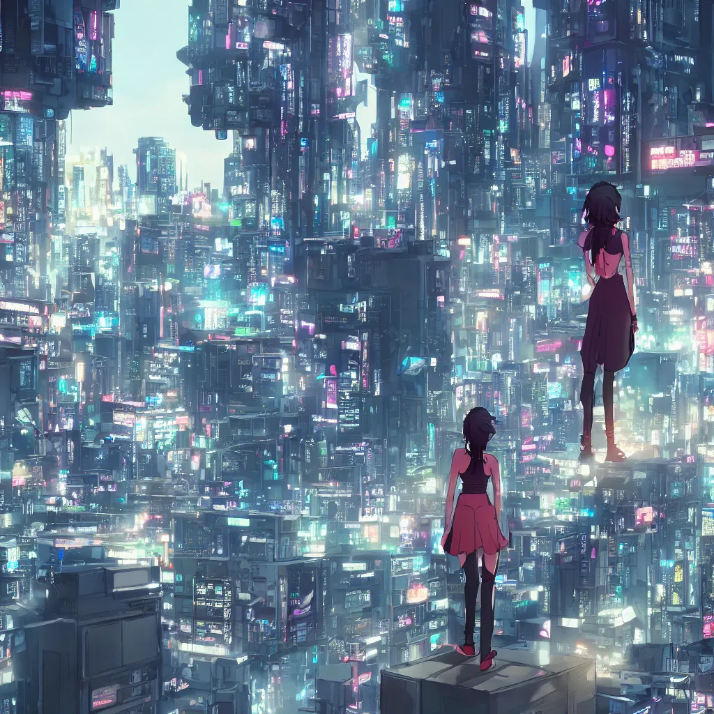 Prompt: a girl stands on top of a multi-storey building, anime style, 4k, cyberpunk city in the background, very detailed