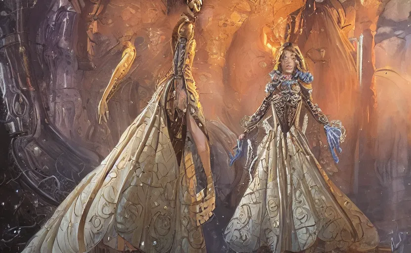 Image similar to fashion model walking down a catwalk, elaborate dress by alexander mcqueen, art by michael whelan and chris moore and howard david johnson and tim white and dan giancola