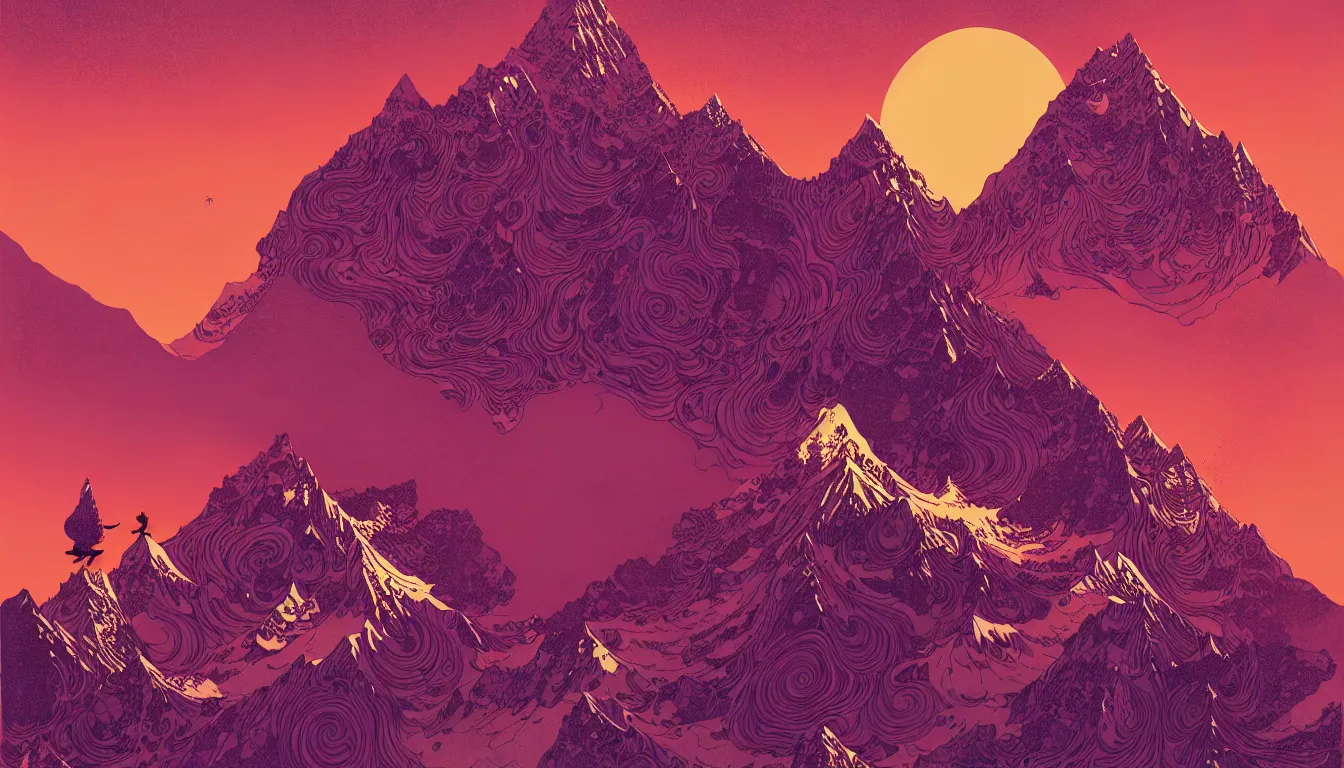 Image similar to himalayas by balmy enso, jamie hewlett, nicolas delort, moebius, victo ngai, josan gonzalez, kilian eng