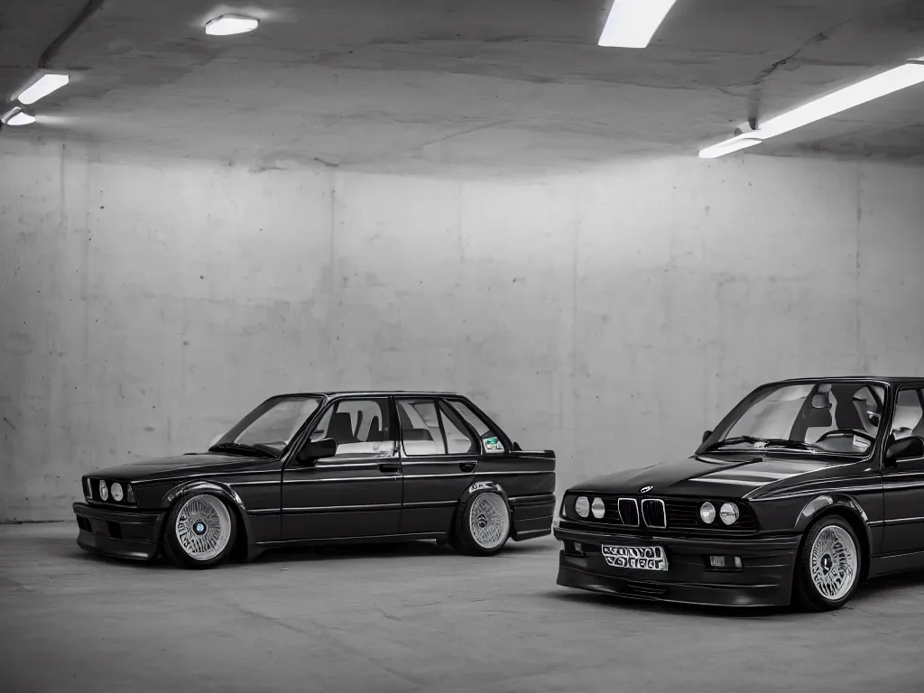 Image similar to a modified bmw e 3 0 with lights on in a futuristic neon parking garage, 3 5 mm photography, car photography, clean lines, realistic