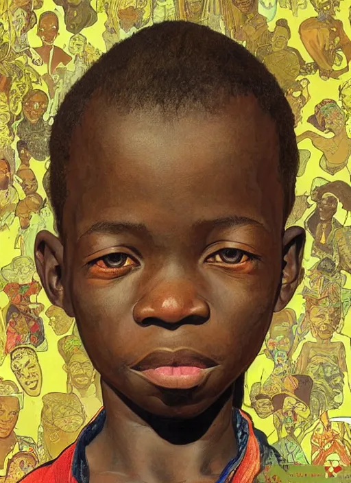 Image similar to colourful upper half portrait of an african boy with proportions in the style of jack davis - presented in magazine collage style, art by hsiao - ron cheng & alphonse mucha, magazine collage, highly detailed, caricature, caricature, digital painting, concept art, ray tracing, illustration, illustration, smooth, sharp focus, intricate, symmetry, pinterest, behance, artstation