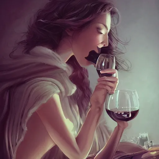 Prompt: an insanely detailed portrait of a beautiful woman looking at you, dark brown eyes, long eyelashes, she is biting her bottom lip and sitting on a large sofa, she holds a glass of wine, in the style of peter mohrbacher, artgerm, dramatic lighting and composition, octane render, trending on artstation, concept art 8 k