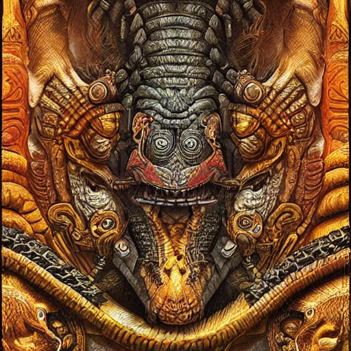 Prompt: digital painting of gigantic mayan feathered serpent god, by filipe pagliuso and justin gerard, jungle, fantasy, highly detailed, ominous, intricate, sharp focus, tarot card, snake, fangs