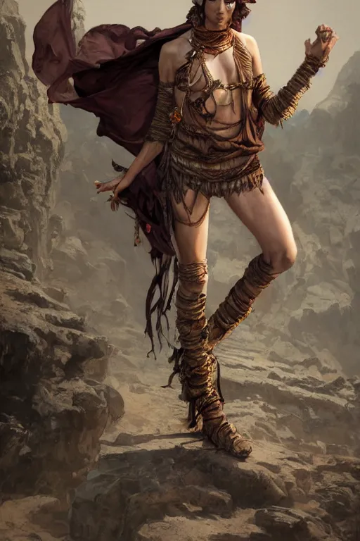 Image similar to a full body portrait of a beautiful post apocalyptic offworld desert bedouin thief savage rogue in beggars clothes in ballet pose by the emerald oasis pools, intricate, elegant, highly detailed, digital painting, artstation, concept art, smooth, sharp focus, illustration, art by krenz cushart and artem demura and alphonse mucha