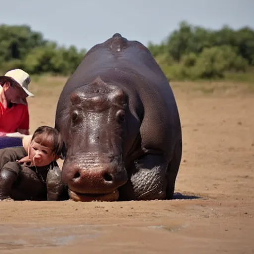 Prompt: baby human successfully resuscitates an old hippo