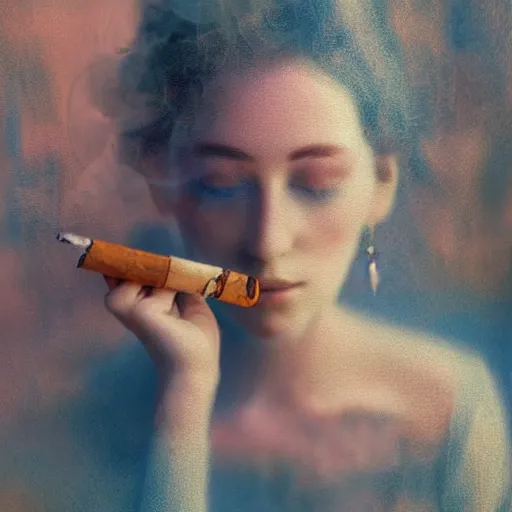 Image similar to a beautiful photo of a smoking person. impressionism. poster. matte painting. octane render