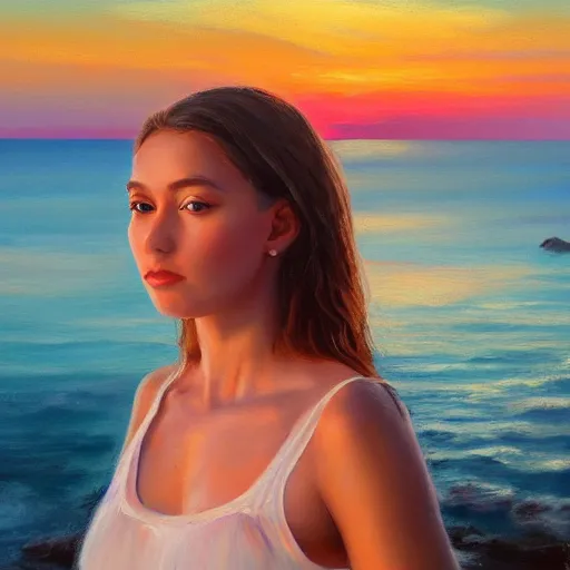 Image similar to an influencer girl portrait, sunset, ocean in distance, oil painting, pale colors, high detail, 8 k, wide angle, trending on artstation,