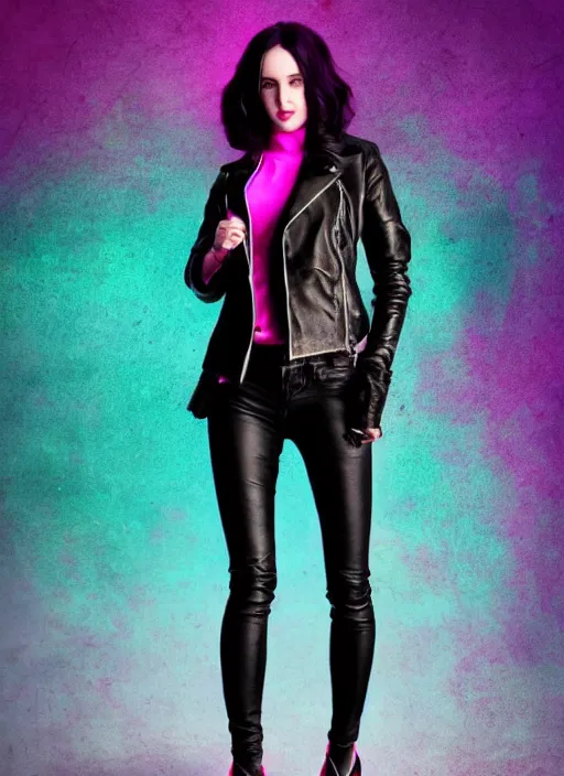 Image similar to a photo of 8 k ultra realistic a black haired female in high heels and a black leather jacket, pink, purple, green, yelow, red, blue, white neon, art by lise deharme