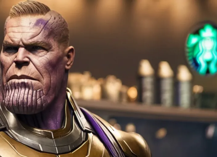 Image similar to film still of Thanos as a baristaat Starbucks in Avengers Infinity War, 4k