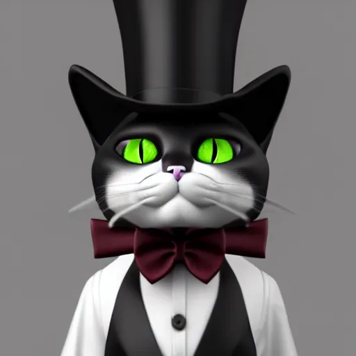 Image similar to a cat wearing a top hat and a bow tie, an ambient occlusion render by anne stokes, polycount contest winner, new objectivity, daz 3 d, rendered in maya, sketchfab