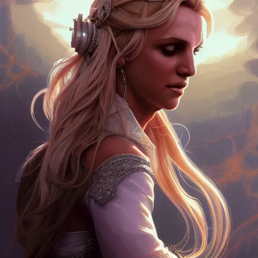 Image similar to beautiful britney spears, western, closeup, d & d, fantasy, intricate, elegant, highly detailed, digital painting, artstation, concept art, matte, sharp focus, illustration, art by artgerm and greg rutkowski and alphonse mucha