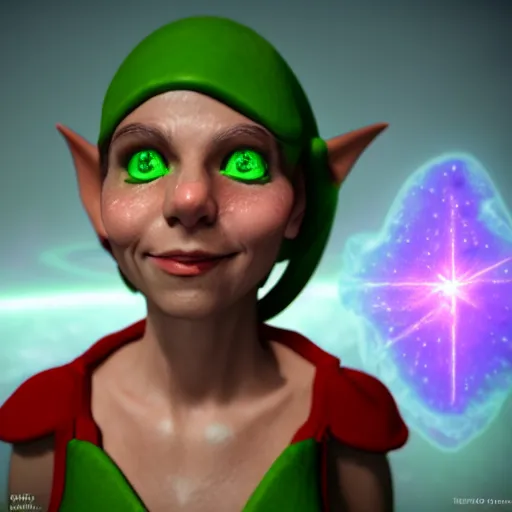 Prompt: a mischievous elf with violet skin reflecting a laser light, a scarred face, chuckling, with a nebula behind them, in the style of gary frank and rafael albuqurque, rendered in unreal engine