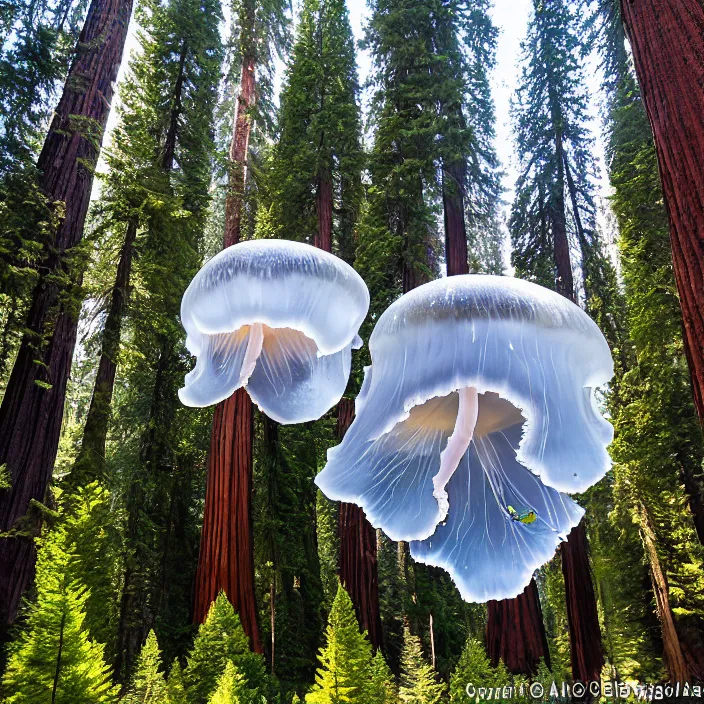 Image similar to giant jelly fish floating in air swarm among the giant sequoia trees at 2875 adanac.st vanvcouver,british columbia,canada