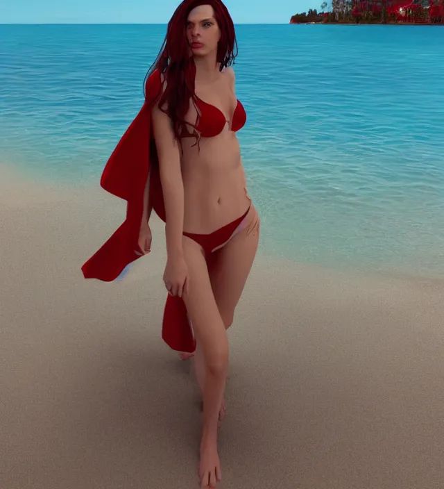Image similar to scarlet witch in bikini at a beachside, nostalgia, very detailed texture, realistic shaded lighting, studio quality, digital art, painting background, unreal engine 5 rendered, octane rendered, pinnacle studio, naturel, trending on artstation, art style by nixeu and ian sprigger