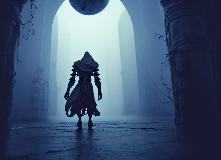 Prompt: character and environment design, ( ( biomechanical ) ) arcanist walking through a magic portal to another world, tattered!!! robe and hood, blue light, fog, scary, arrogant, hostile, photorealistic, cinematic, hyper realistic, octane render, 8 k, wide angle