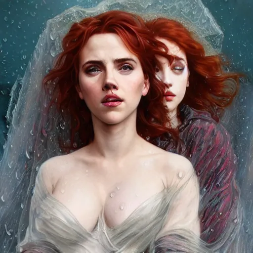 Image similar to an extremely detailed portrait of scarlett johansson and emma watson and christina hendricks as three polyamorous red haired vampire queens kissing in the rain sheltering under a large blue blanket, epic fantasy, viewed in profile from far away, sharp focus, detailed face, art by greg rutkowski and alphonse mucha, volumetric lighting, 4 k resolution, trending on artstation, masterpiece