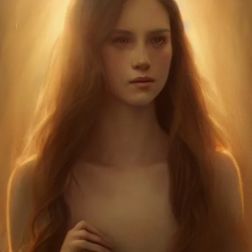 Image similar to pure and kind aristocratic long straight brunette female portrait, innocent, pure, naive, atmospheric lighting, painted, intricate, volumetric lighting, beautiful, rich deep colours masterpiece, golden hour, sharp focus, ultra detailed, by leesha hannigan, ross tran, thierry doizon, kai carpenter, ignacio fernandez rios