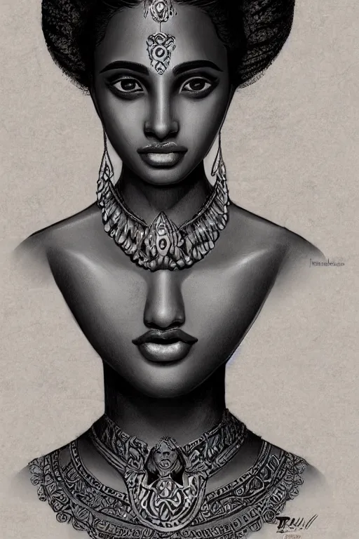Prompt: A bust of a beautiful black skinned Sri Lankan girl with large lips and smooth eyebrows and straight hair, HD, illustration, epic, fantasy, intricate, elegant, amazing detail, digital painting, artstation, concept art, smooth, sharp focus, illustration, art by Turine Tran