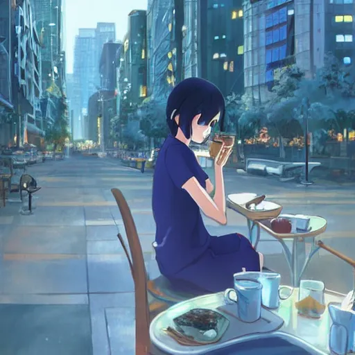 Prompt: a masterpiece detailed beautiful cityscape, early hour morning, a girl drinking coffee with mobile on the table, by Makoto Shinkai