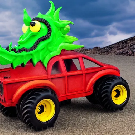 Prompt: A red dragon head as a monster truck