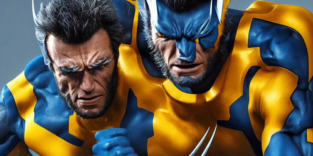 Image similar to clint eastwood as wolverine in blue and yellow costume, octane render, beautiful composition, trending on artstation, award - winning photograph, masterpiece