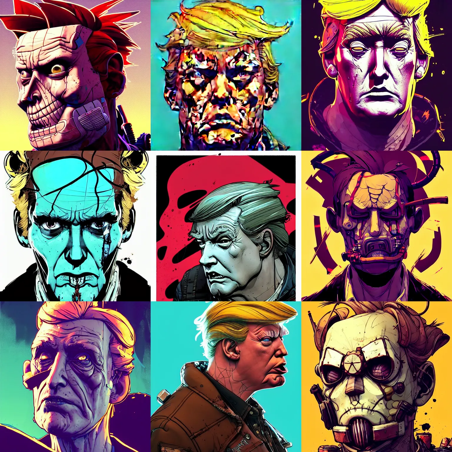 Prompt: asthetics! pretty! cell shaded head portrait of donald trump as Borderlands 3 concept art, llustration, postapocalyptic grunge, concept art by josan gonzales and wlop, by james jean, Victo ngai, David Rubín, Mike Mignola, Laurie Greasley, highly detailed, sharp focus,alien,Trending on Artstation, HQ, deviantart, art by artgem