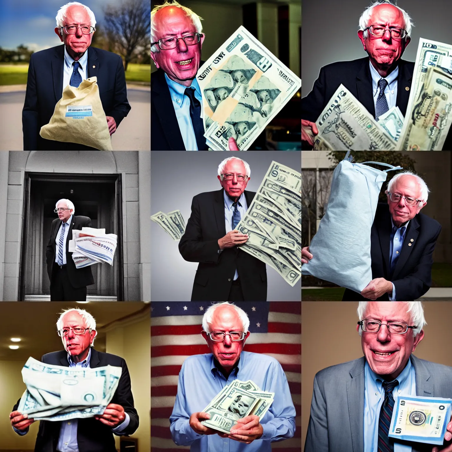 Prompt: photograph of bernie sanders with a giant bag of cash, digital photography