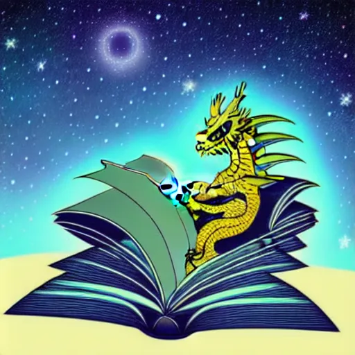 Prompt: dragon reading a book underneath the stars, digital art, beautiful, detailed, vivid