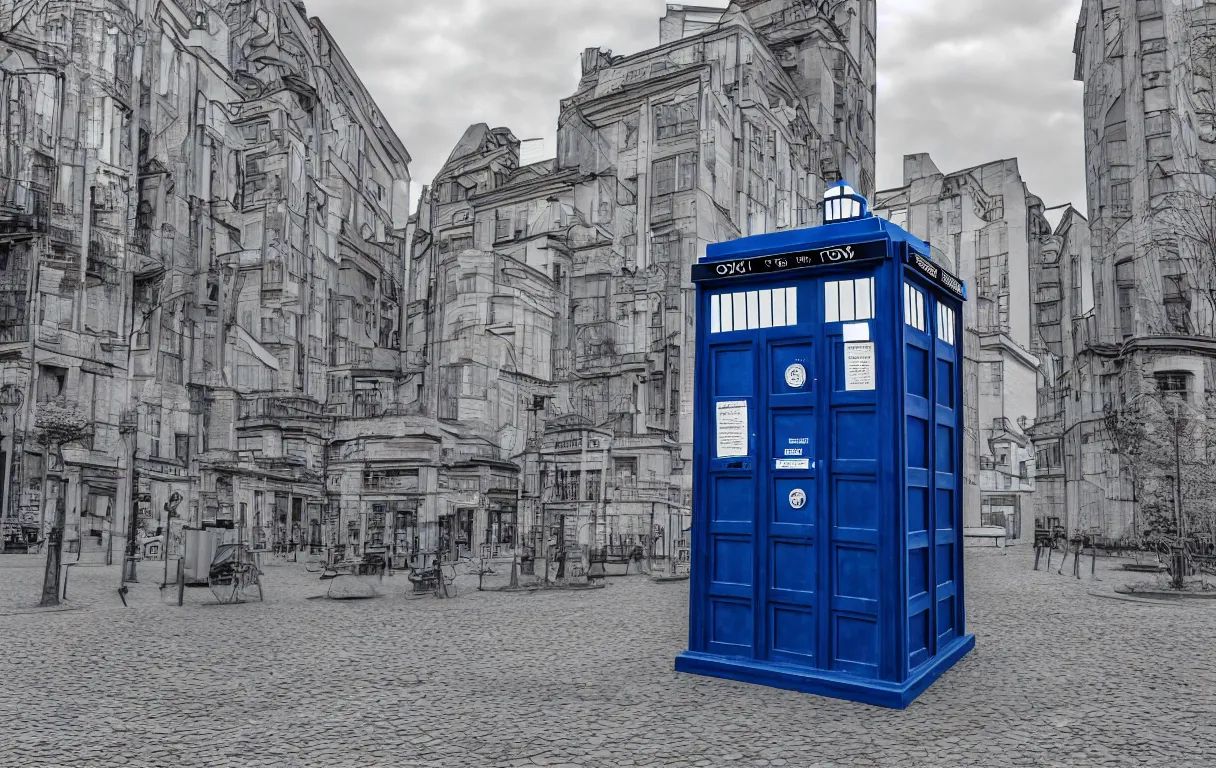 Image similar to the tardis on a street in berlin during 1 9 6 2, colour, highly detailed, photo, photorealistic, sharp focus, 4 k, hdr