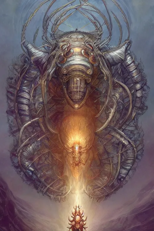 Image similar to Astral Isopod God, insectoid, crustacean, fantasy, magic, digital art by Seb Mckinnon and Peter Mohrbacher, professional illustration, holy, cult