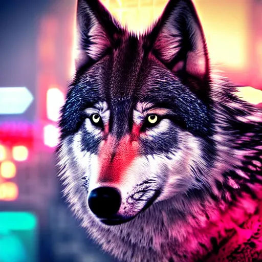 Image similar to portrait of wolf animal with cyberpunk gogles, realistic style of cyberpunk, editorial photography, neons, blade runner, futuristic style, bokeh and depth of field, award winning, establishing shot