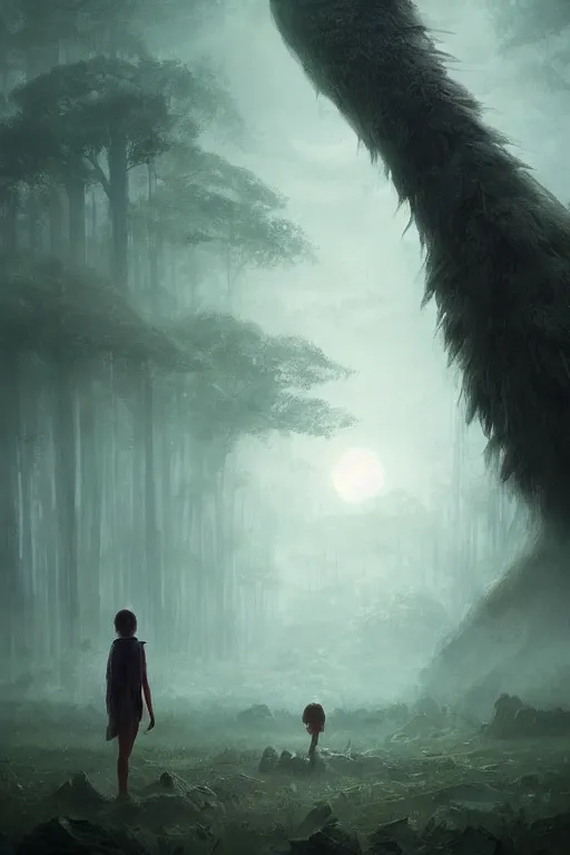 Prompt: a beautiful terrifying tree giant looms over a tiny human. epic dawn, ethereal fantasy art by greg rutkowski