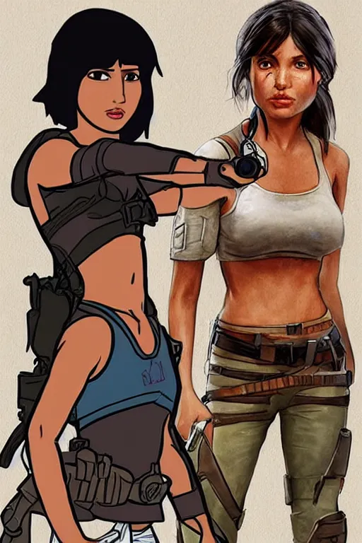 Image similar to Isabela Merced as Dora the Explorer vs Angelina Jolie as Lara Croft, movie concept art, film by Michael Bay