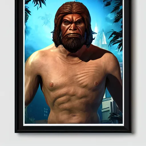 Image similar to saint homo neanderthalis portrait poster with book of science on his right hand, gta chinatown wars art style, bioshock infinite art style, hyperrealistic, rgba colors, remove duplicate content, justify contents center.