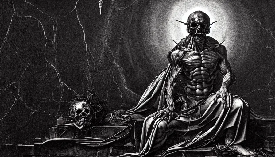 Prompt: highly detailed dark rotting god sit on the tron, night, death, fear, horror, religion, monochrome, caravaggio, hyperrealism, detailed and intricate environment