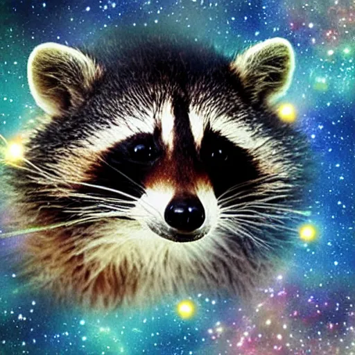 Prompt: confused raccoon floating through the cosmos, poorly photoshopped,