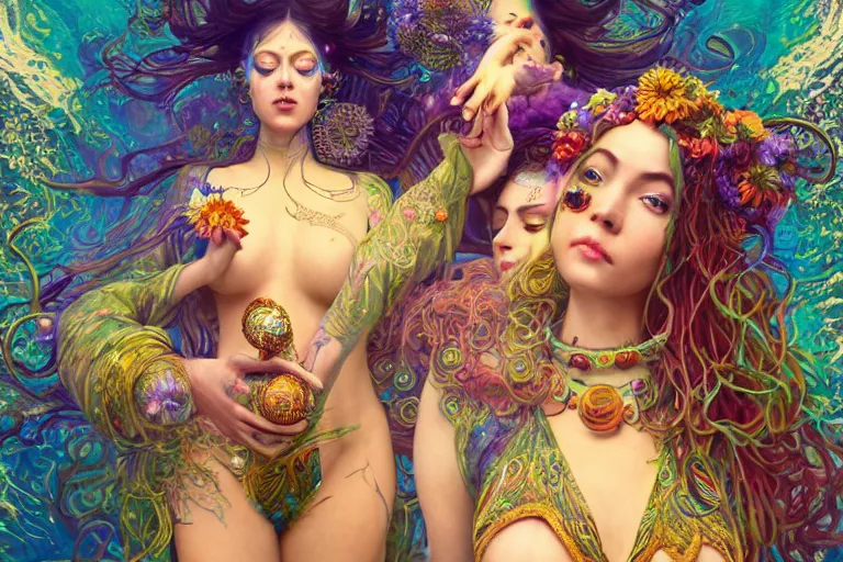 Image similar to a centered full body render of alluring goddess festival hippies with retro futuristic adornments surrounded by a underwater ink pour and flowing liquid galium and sacred geometry, perfect face, powerful, cinematic, beautifully lit, by artgerm, by karol bak, by donato giancola, 3 d, trending on artstation, octane render, 8 k