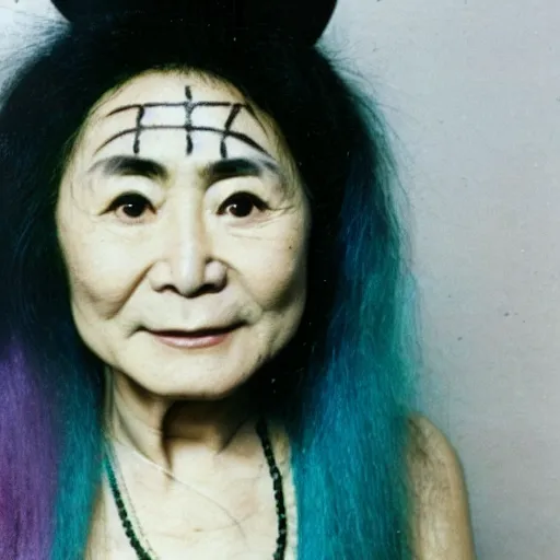 Image similar to photo of yoko ono in 1 9 7 4 with dyed purple hair, face tattoos, and face peircings