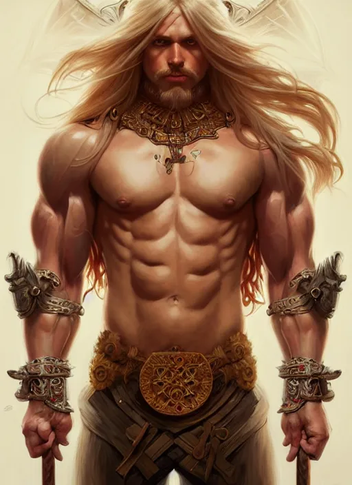 Prompt: symmetry! portrait of barbarian, long blond hair, d & d, muscular! fantasy, intricate, elegant, highly detailed, digital painting, artstation, concept art, smooth, sharp focus, illustration, art by artgerm and greg rutkowski and alphonse mucha