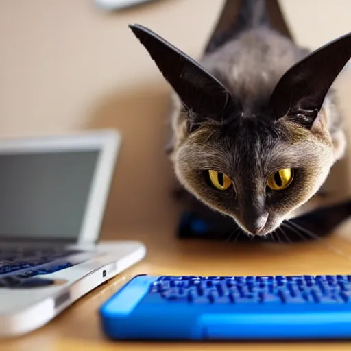 Prompt: A blue and black catbat playing computer games.