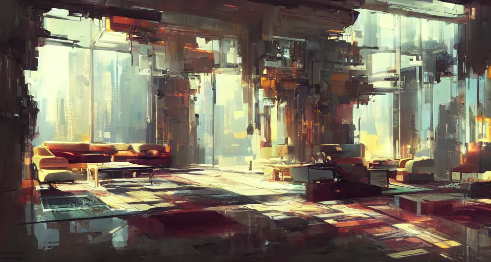 Image similar to futuristic apartment interior, intricate, elegant, vivid colors, highly detailed, john park, craig mullins, sparth, ruan jia, jeffrey catherine jones